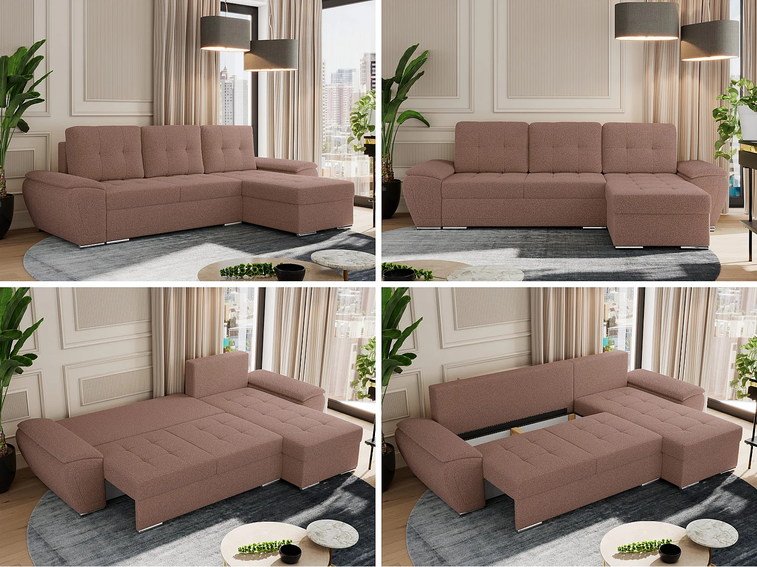 Ecksofa UMBRIA - universell L-form Couch, Schlaffunktion und Bettkasten, gesteppte Ecke - Rosa Boucle