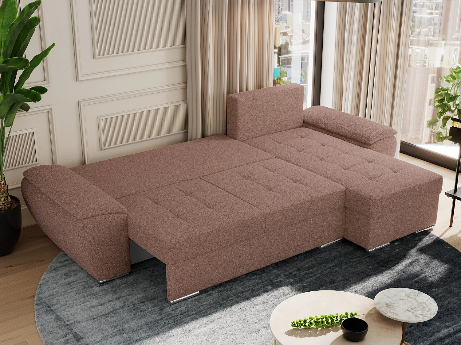 Ecksofa UMBRIA - universell L-form Couch, Schlaffunktion und Bettkasten, gesteppte Ecke - Rosa Boucle