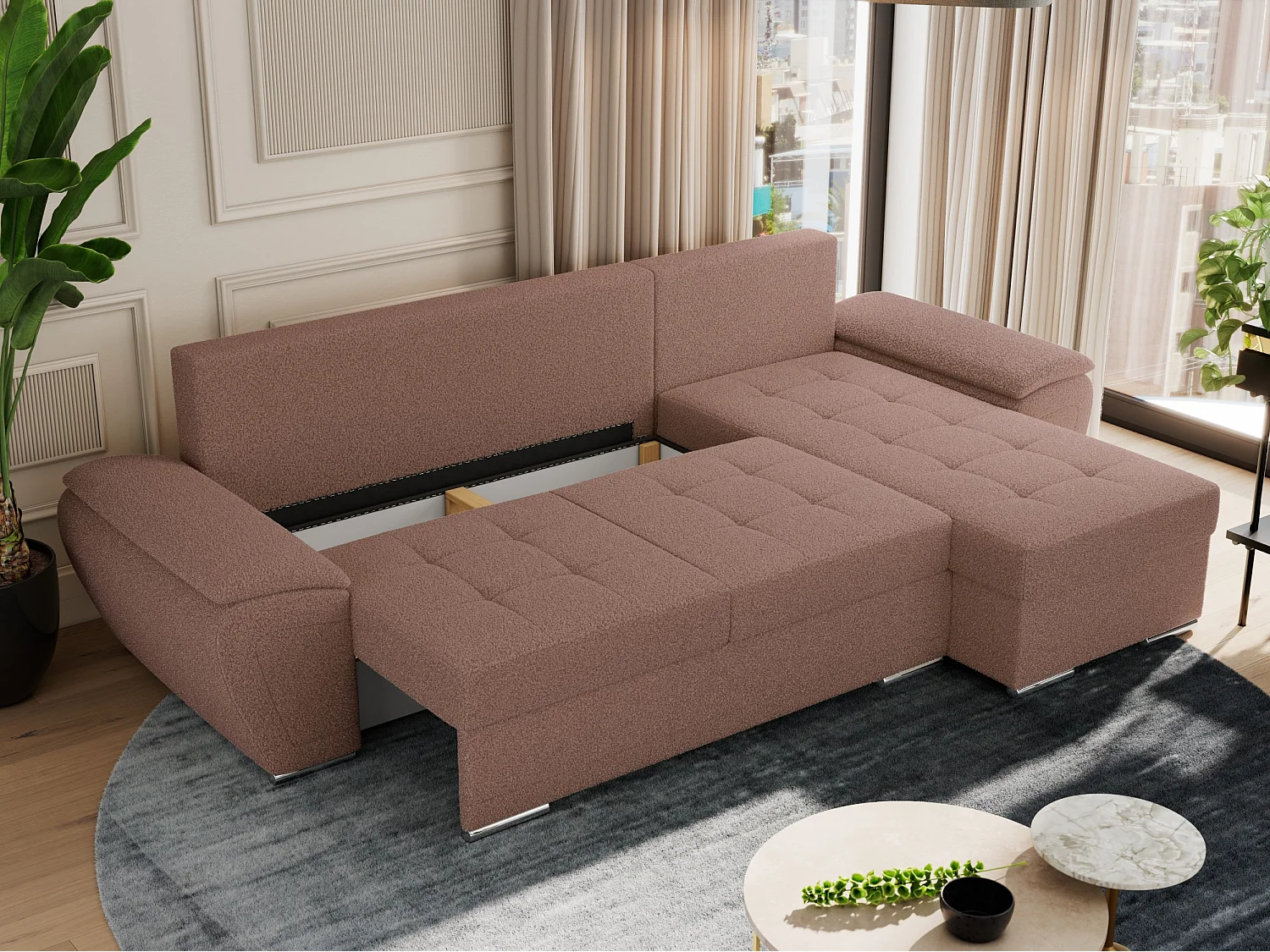 Ecksofa UMBRIA - universell L-form Couch, Schlaffunktion und Bettkasten, gesteppte Ecke - Rosa Boucle
