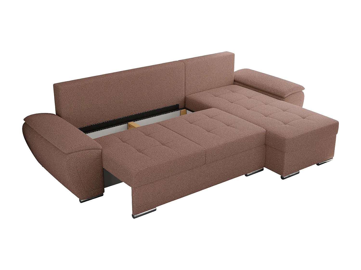Ecksofa UMBRIA - universell L-form Couch, Schlaffunktion und Bettkasten, gesteppte Ecke - Rosa Boucle