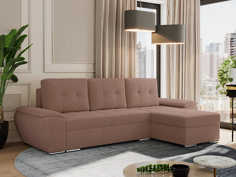 Ecksofa UMBRIA - universell L-form Couch, Schlaffunktion und Bettkasten, gesteppte Ecke - Rosa Boucle