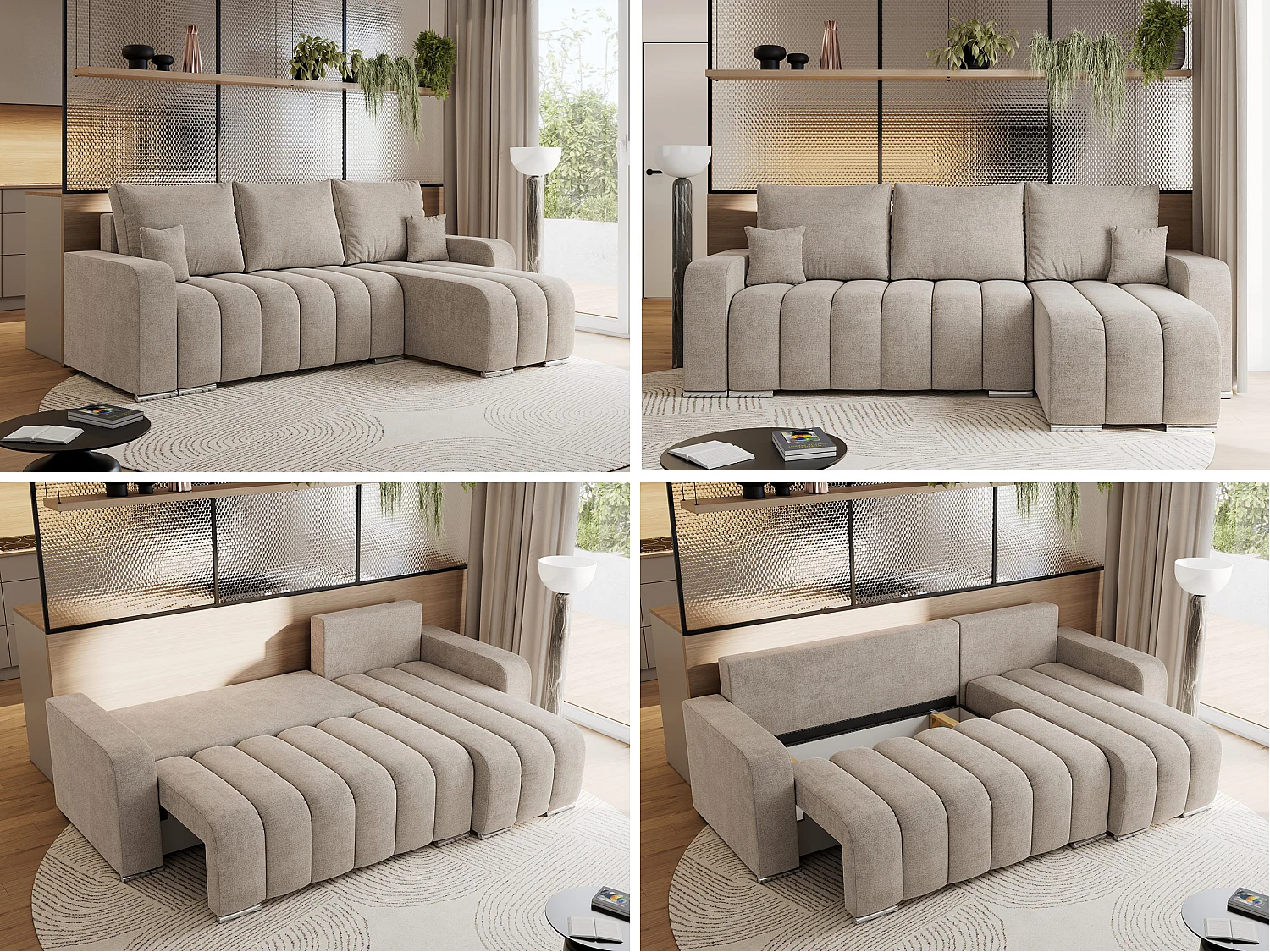 Ecksofa KIRASSO - universelles mit Schlaffunktion und Bettkasten, lose Kissen, Armlehnen - Beige Stukture