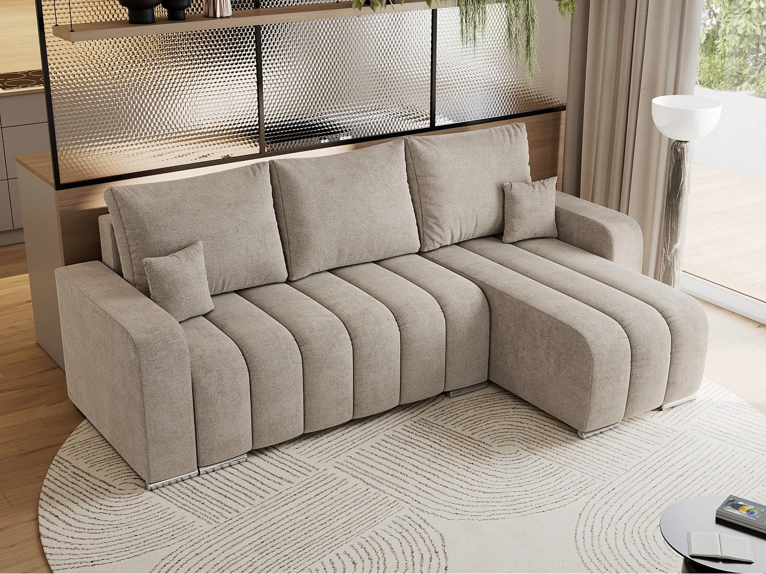 Ecksofa KIRASSO - universelles mit Schlaffunktion und Bettkasten, lose Kissen, Armlehnen - Beige Stukture