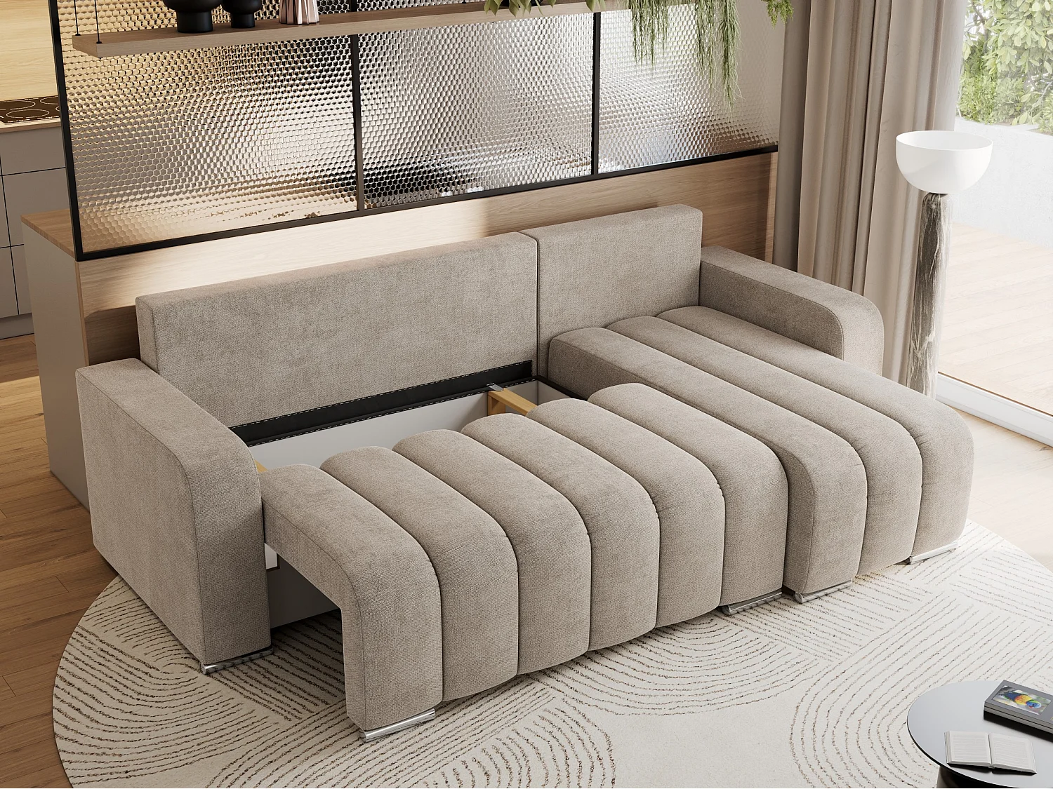 Ecksofa KIRASSO - universelles mit Schlaffunktion und Bettkasten, lose Kissen, Armlehnen - Beige Stukture