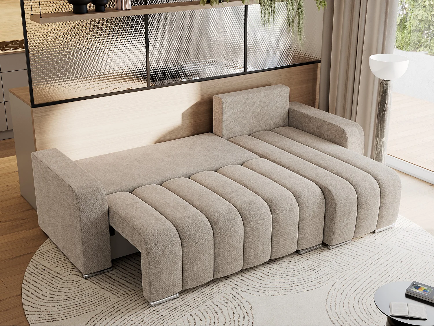 Ecksofa KIRASSO - universelles mit Schlaffunktion und Bettkasten, lose Kissen, Armlehnen - Beige Stukture