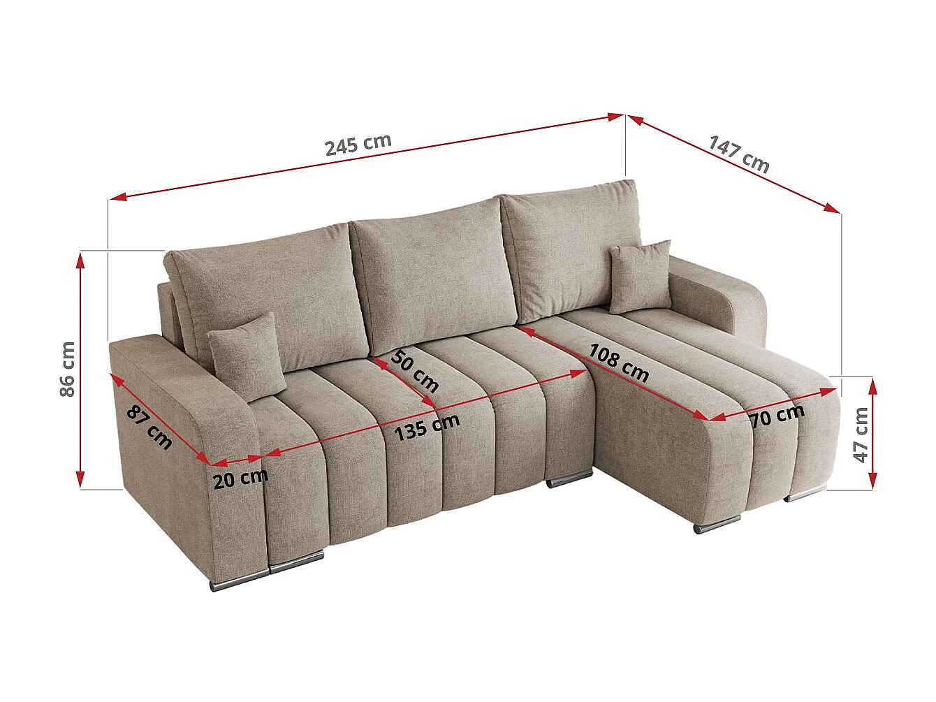 Ecksofa KIRASSO - universelles mit Schlaffunktion und Bettkasten, lose Kissen, Armlehnen - Beige Stukture