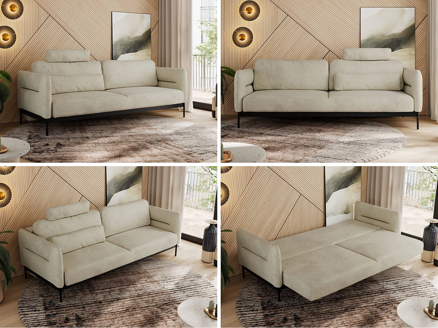 Sofa SALENTO - 3-Sitzer mit Metallbeine, mobile Kopfstütze, Schlafsofa mit lose Kissen - Beige Velvet