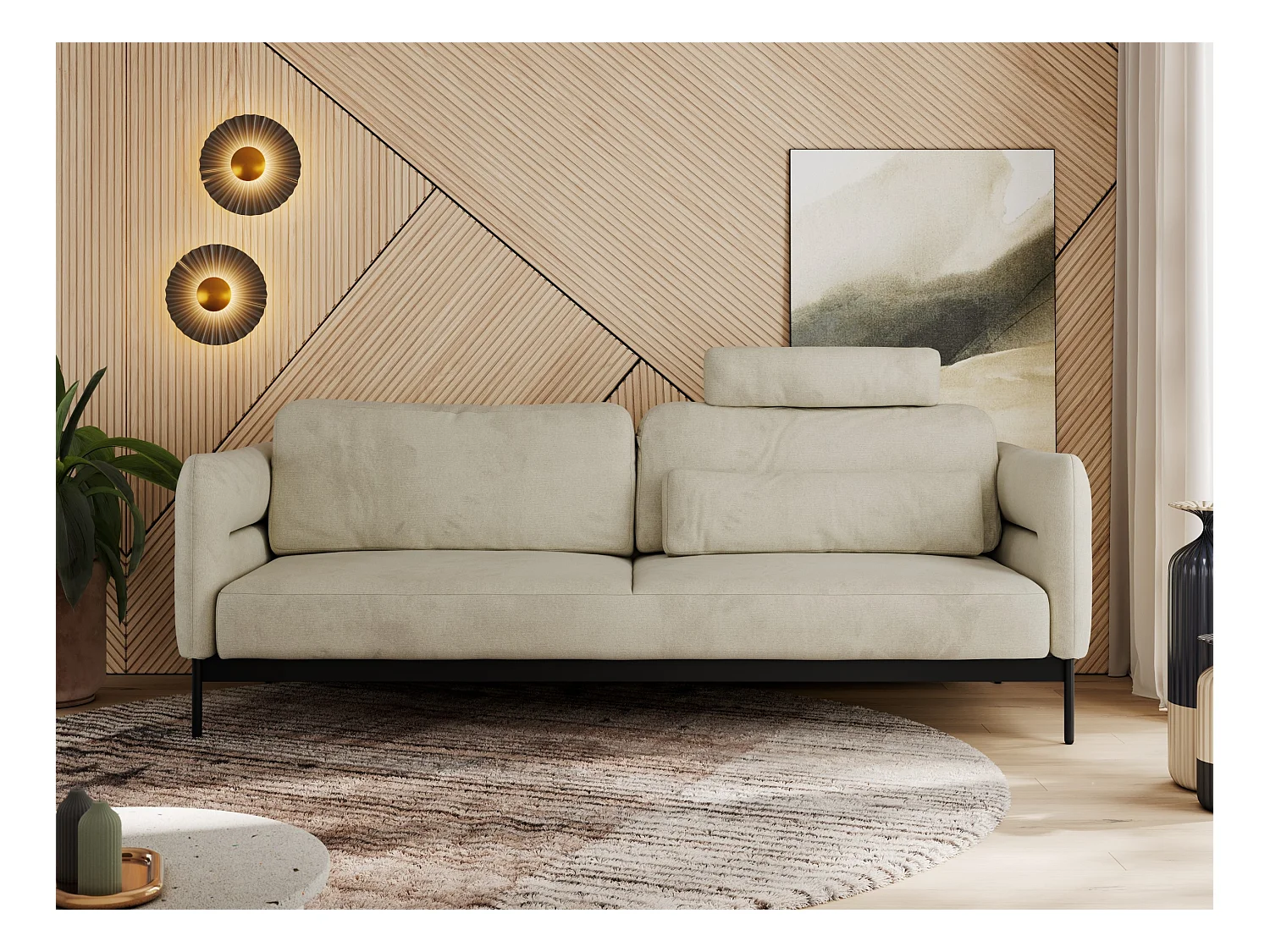 Sofa SALENTO - 3-Sitzer mit Metallbeine, mobile Kopfstütze, Schlafsofa mit lose Kissen - Beige Velvet