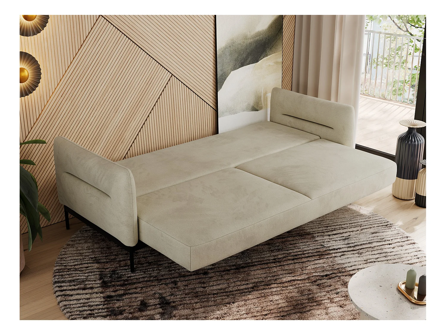 Sofa SALENTO - 3-Sitzer mit Metallbeine, mobile Kopfstütze, Schlafsofa mit lose Kissen - Beige Velvet