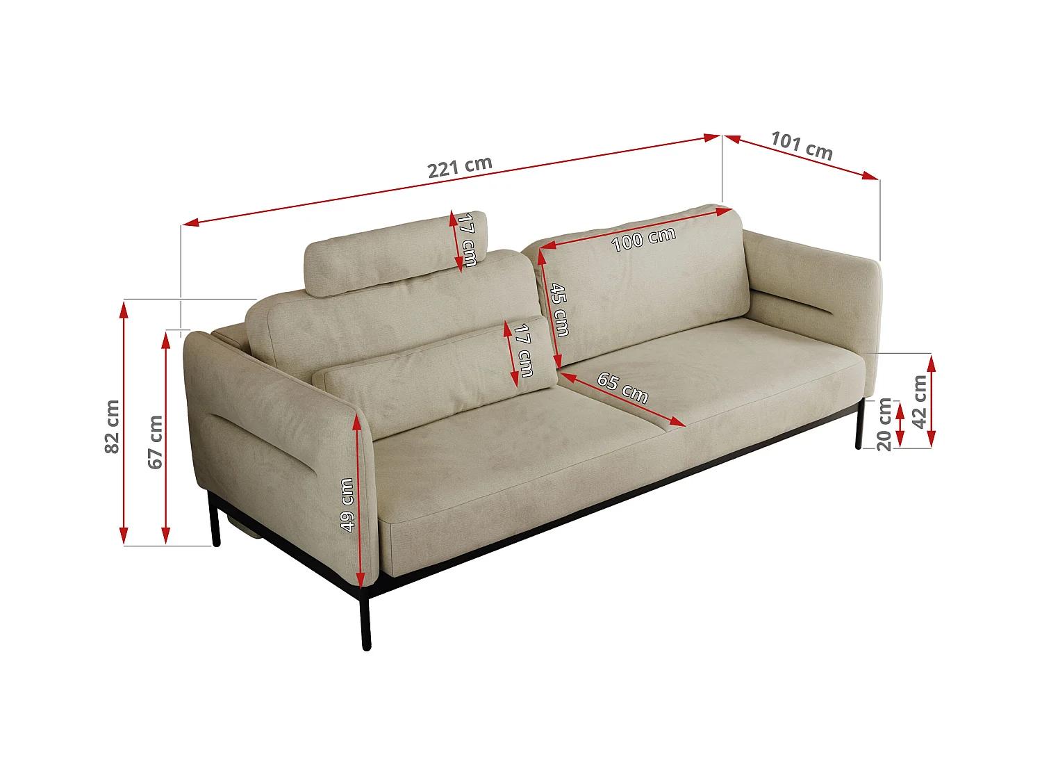 Sofa SALENTO - 3-Sitzer mit Metallbeine, mobile Kopfstütze, Schlafsofa mit lose Kissen - Beige Velvet