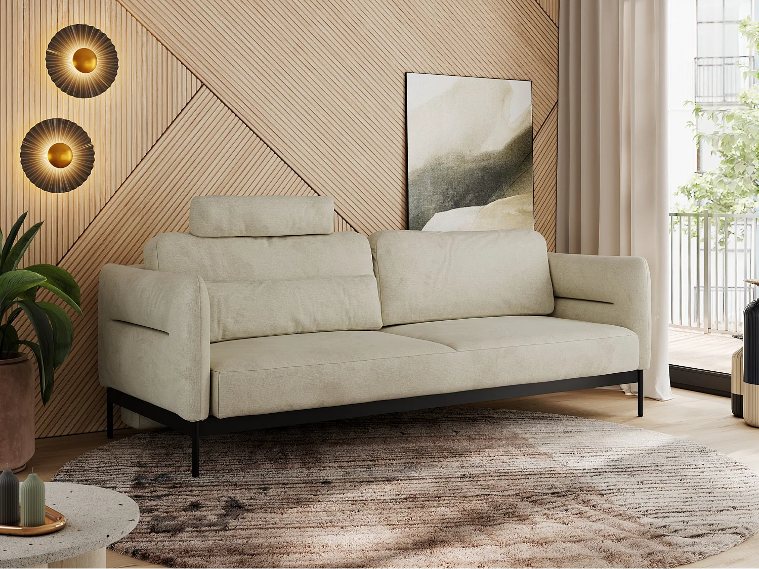 Sofa SALENTO - 3-Sitzer mit Metallbeine, mobile Kopfstütze, Schlafsofa mit lose Kissen - Beige Velvet