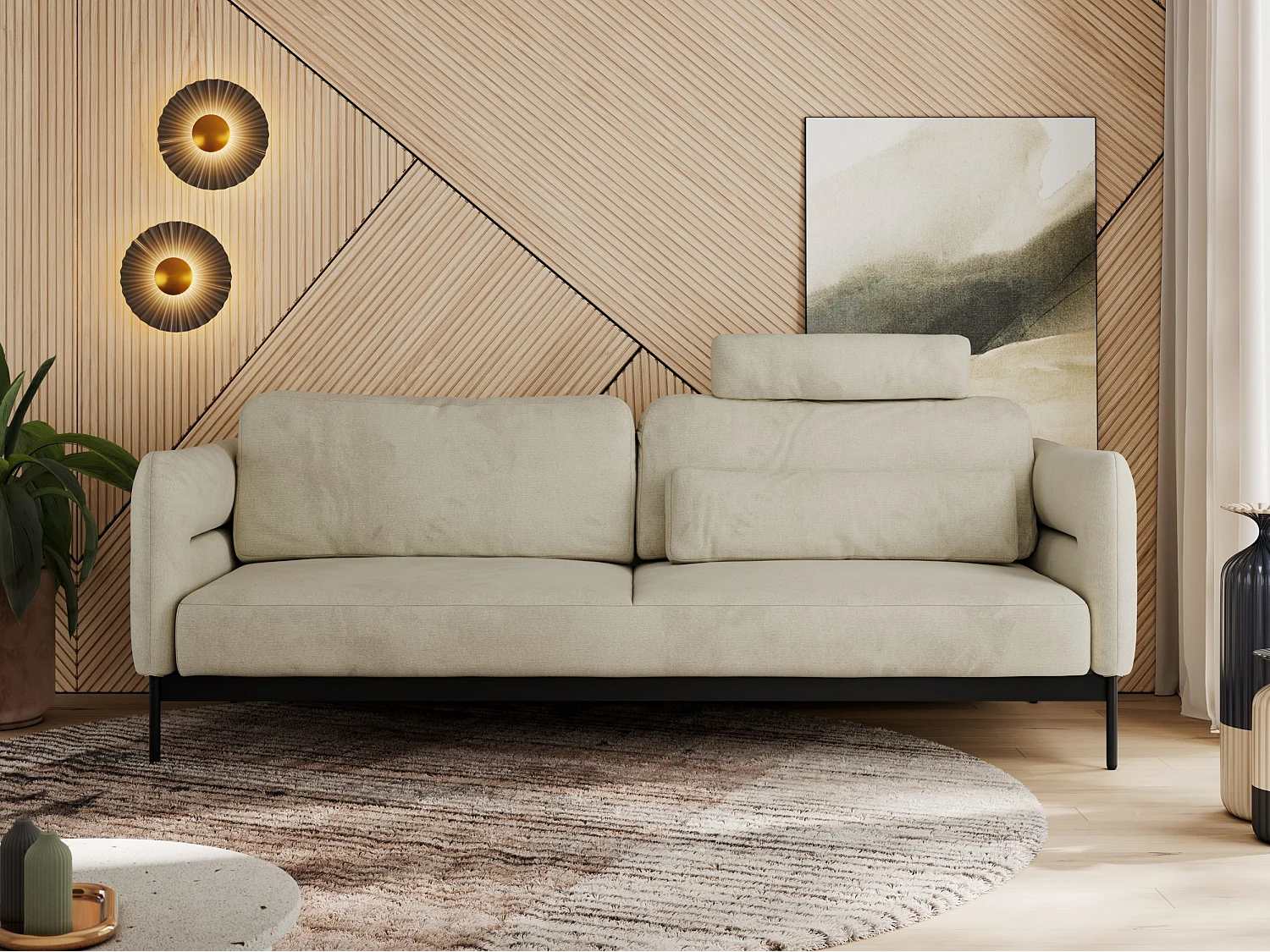 Sofa SALENTO - 3-Sitzer mit Metallbeine, mobile Kopfstütze, Schlafsofa mit lose Kissen - Beige Velvet