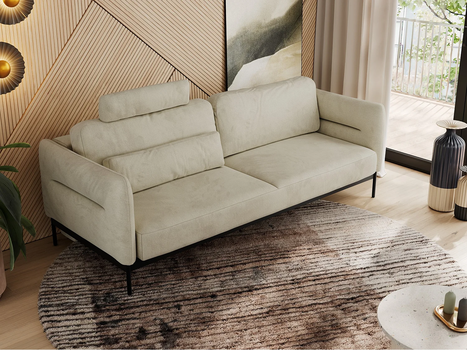 Sofa SALENTO - 3-Sitzer mit Metallbeine, mobile Kopfstütze, Schlafsofa mit lose Kissen - Beige Velvet