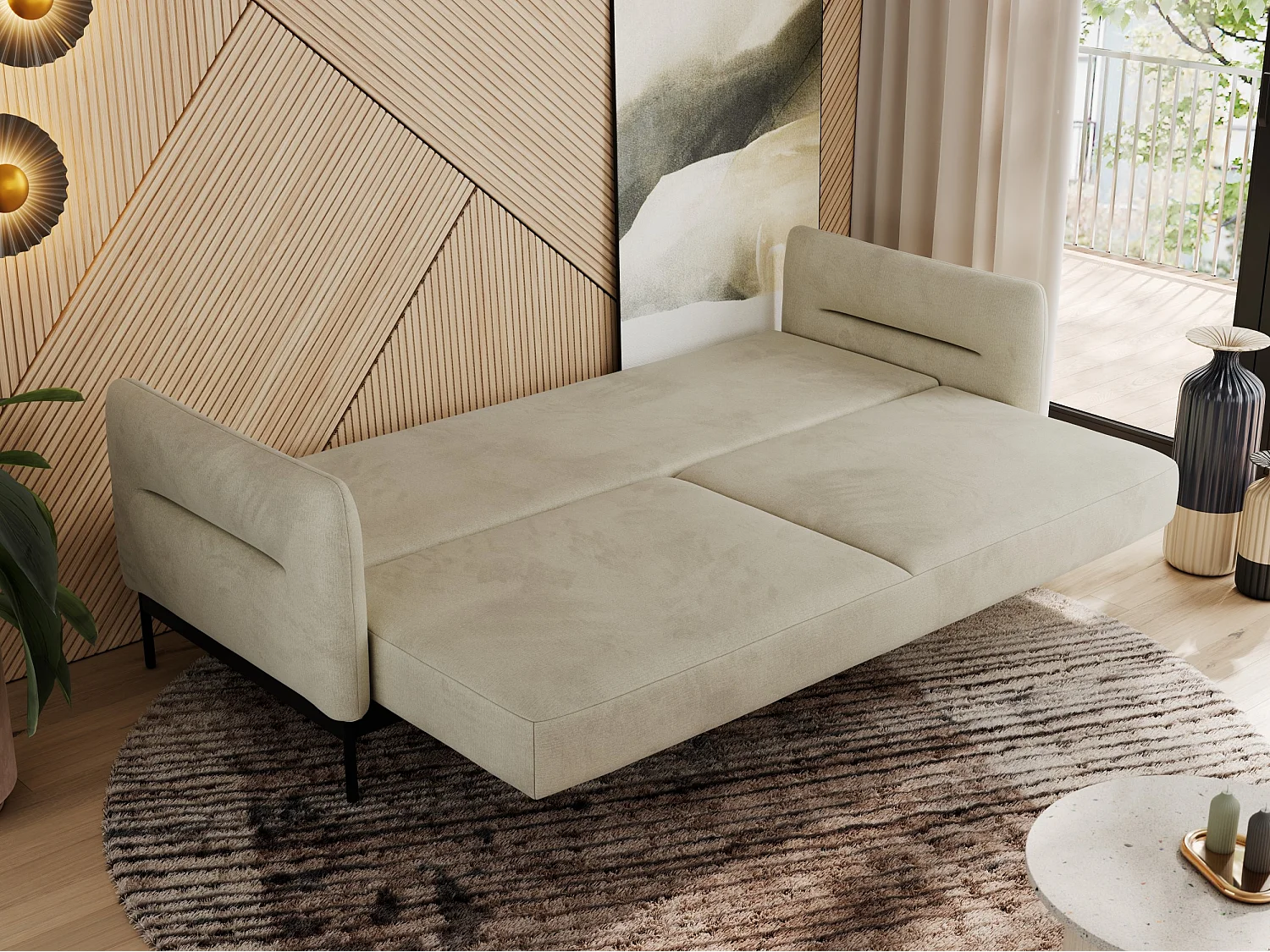 Sofa SALENTO - 3-Sitzer mit Metallbeine, mobile Kopfstütze, Schlafsofa mit lose Kissen - Beige Velvet