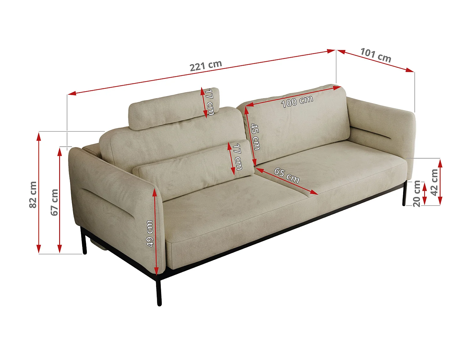 Sofa SALENTO - 3-Sitzer mit Metallbeine, mobile Kopfstütze, Schlafsofa mit lose Kissen - Beige Velvet