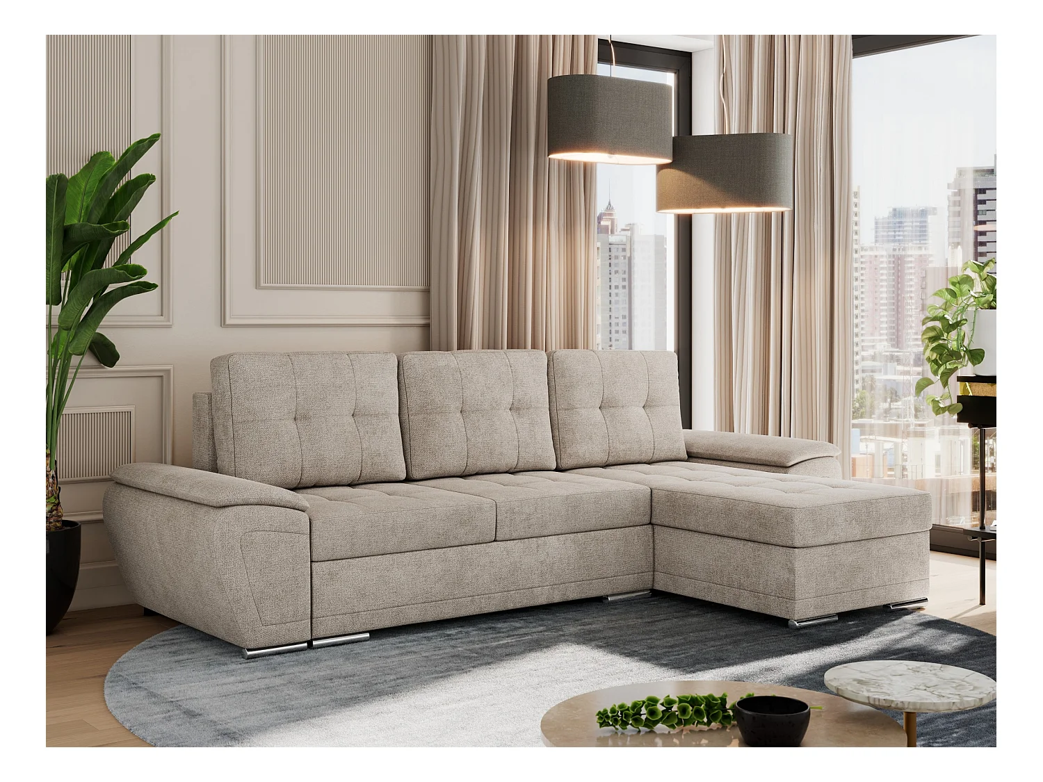 Ecksofa UMBRIA - universell L-form Couch, Schlaffunktion und Bettkasten, gesteppte Ecke - Beige Stukture
