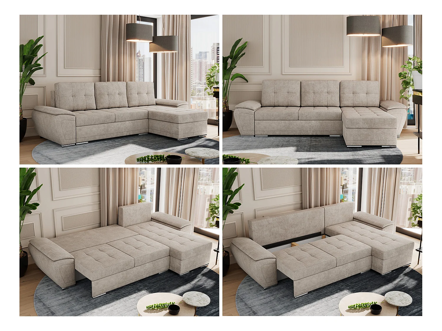 Ecksofa UMBRIA - universell L-form Couch, Schlaffunktion und Bettkasten, gesteppte Ecke - Beige Stukture