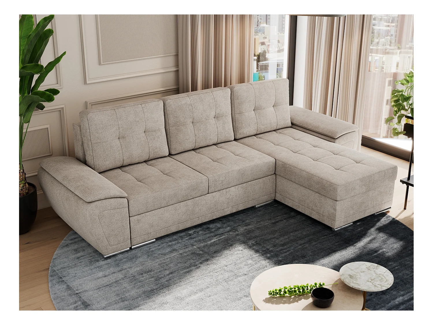 Ecksofa UMBRIA - universell L-form Couch, Schlaffunktion und Bettkasten, gesteppte Ecke - Beige Stukture