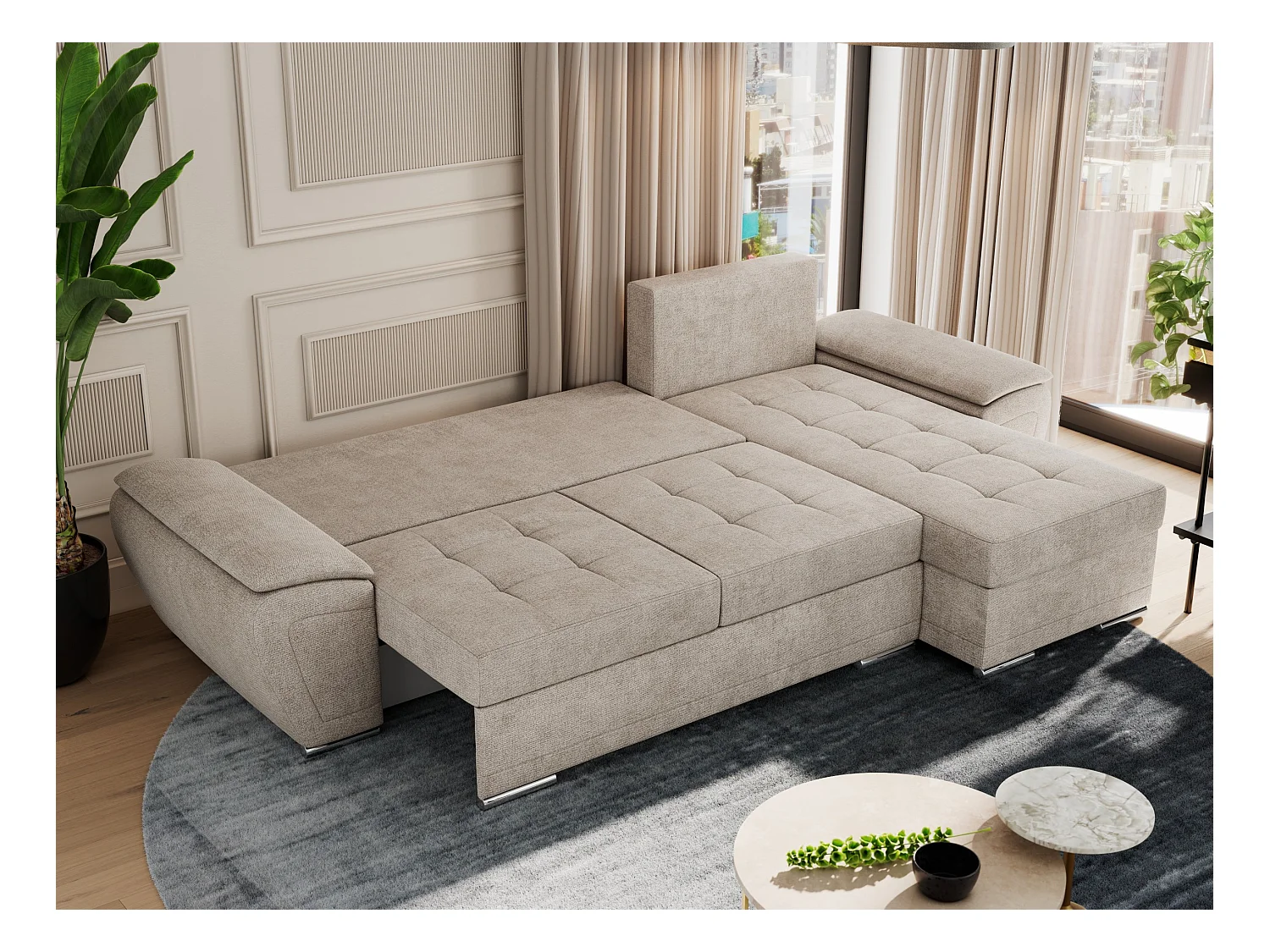 Ecksofa UMBRIA - universell L-form Couch, Schlaffunktion und Bettkasten, gesteppte Ecke - Beige Stukture