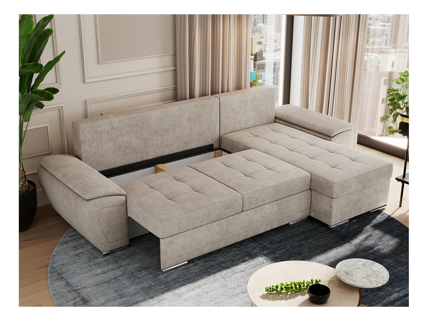 Ecksofa UMBRIA - universell L-form Couch, Schlaffunktion und Bettkasten, gesteppte Ecke - Beige Stukture