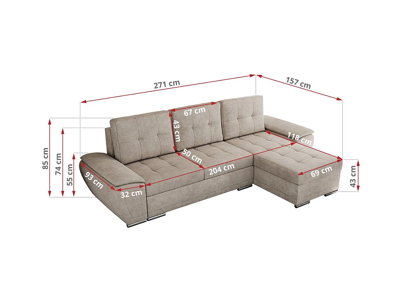 Ecksofa UMBRIA - universell L-form Couch, Schlaffunktion und Bettkasten, gesteppte Ecke - Beige Stukture