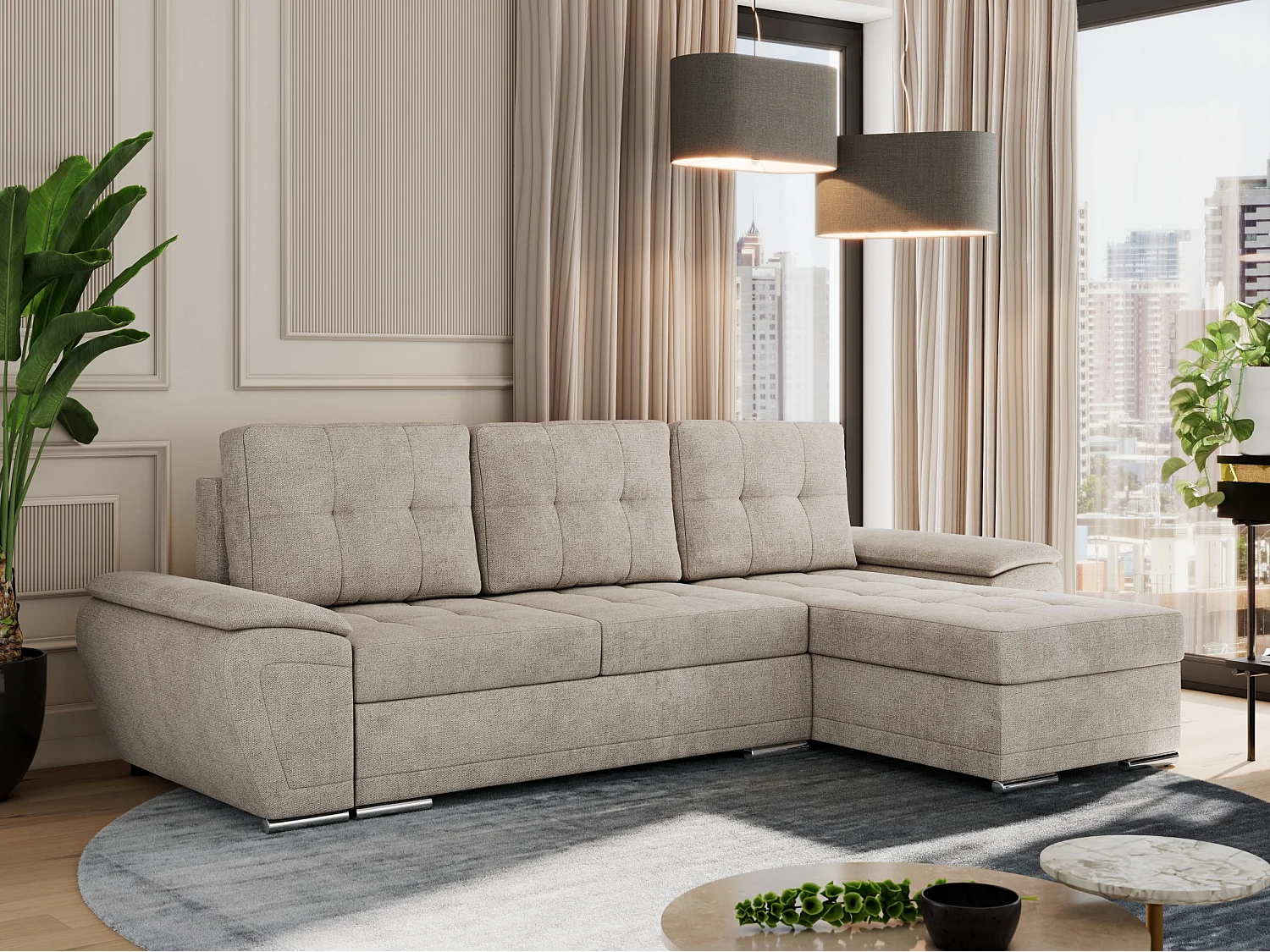 Ecksofa UMBRIA - universell L-form Couch, Schlaffunktion und Bettkasten, gesteppte Ecke - Beige Stukture