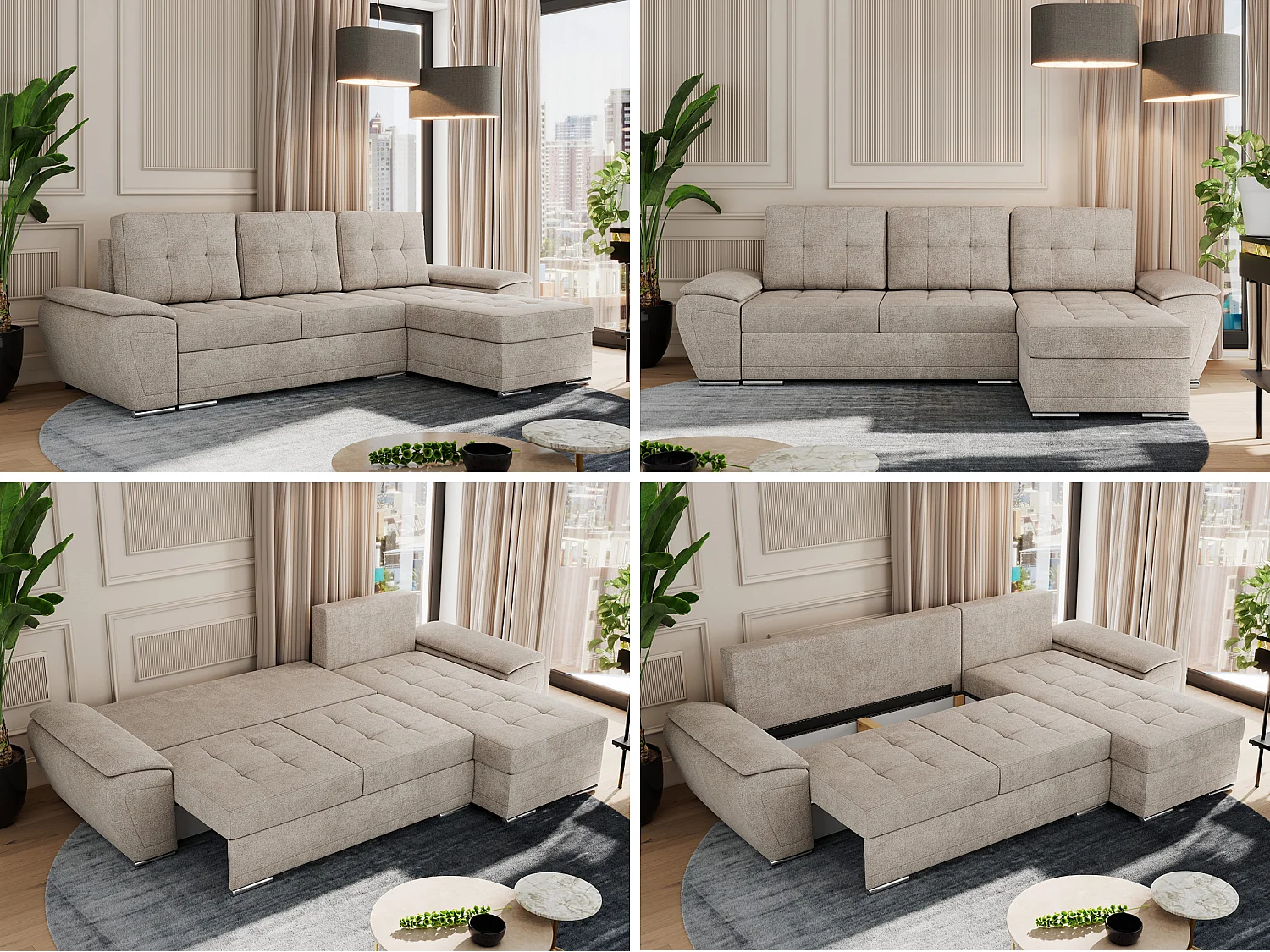 Ecksofa UMBRIA - universell L-form Couch, Schlaffunktion und Bettkasten, gesteppte Ecke - Beige Stukture