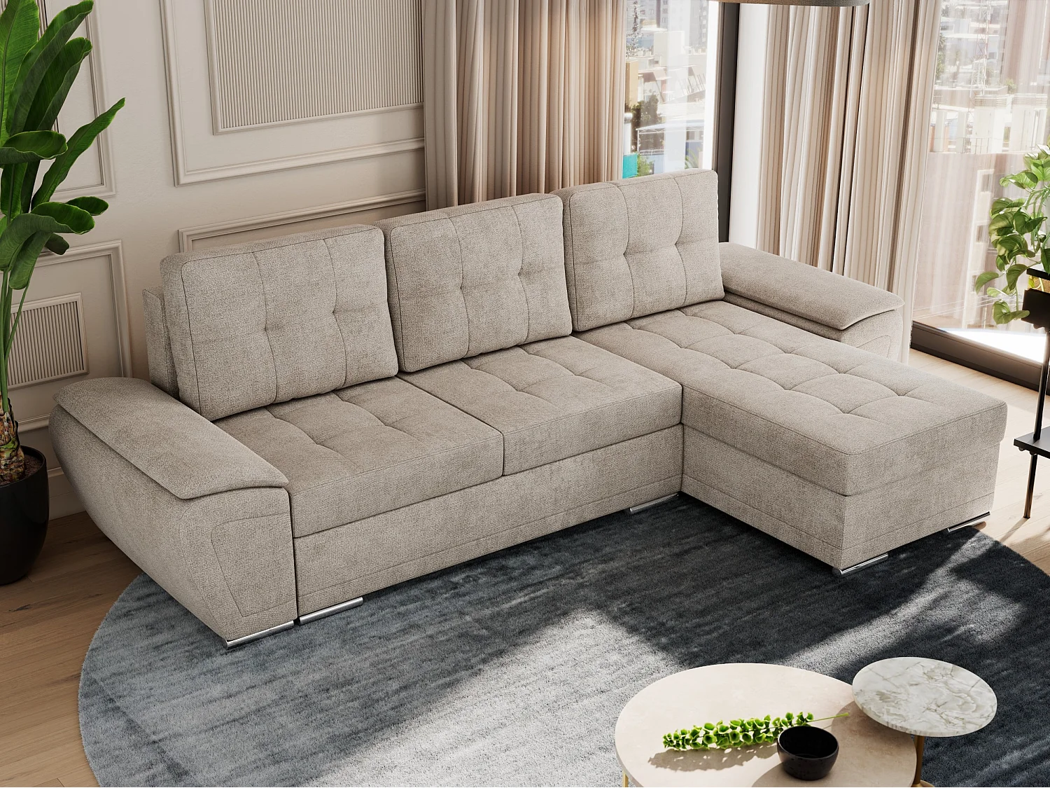 Ecksofa UMBRIA - universell L-form Couch, Schlaffunktion und Bettkasten, gesteppte Ecke - Beige Stukture