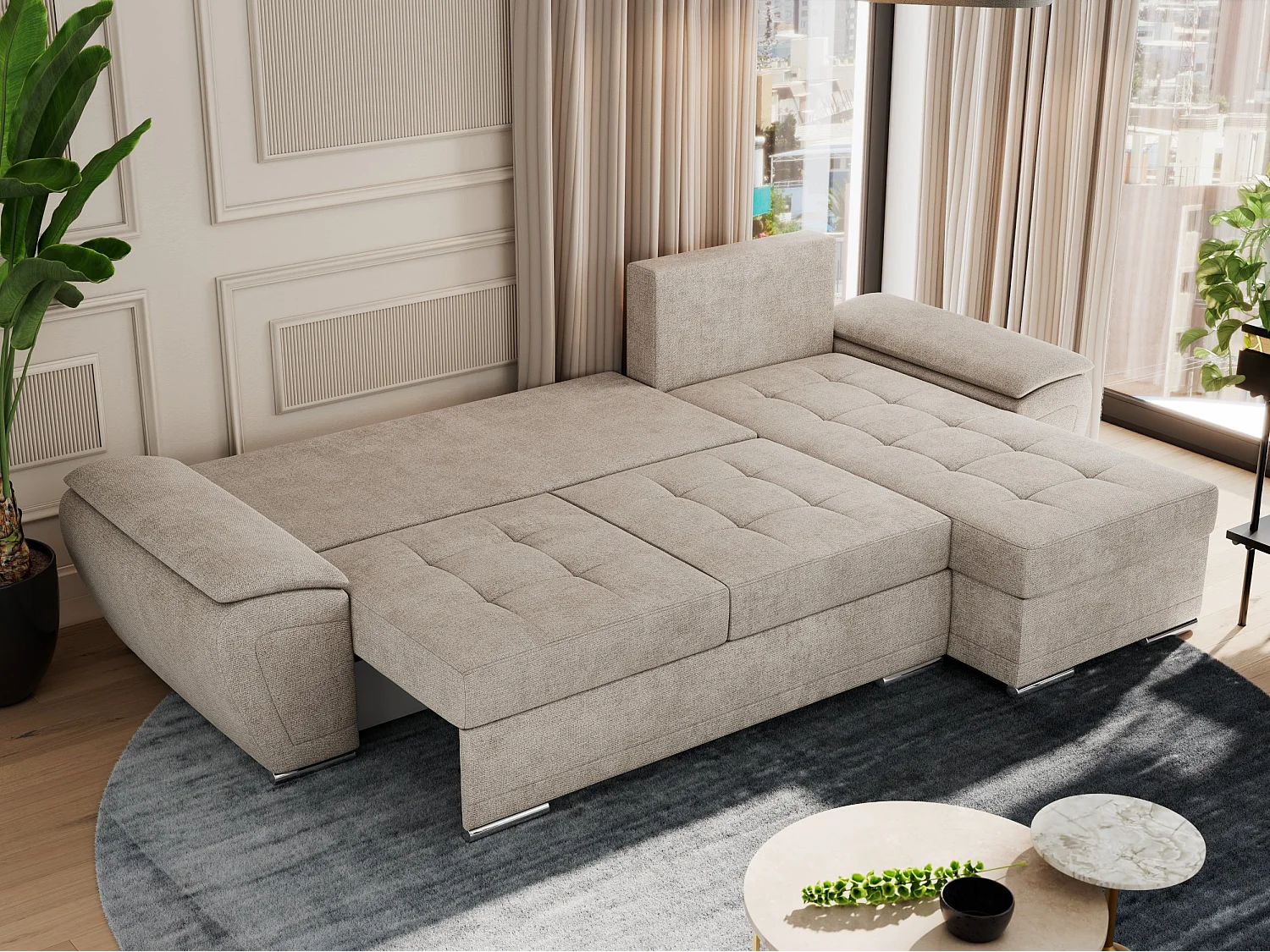 Ecksofa UMBRIA - universell L-form Couch, Schlaffunktion und Bettkasten, gesteppte Ecke - Beige Stukture