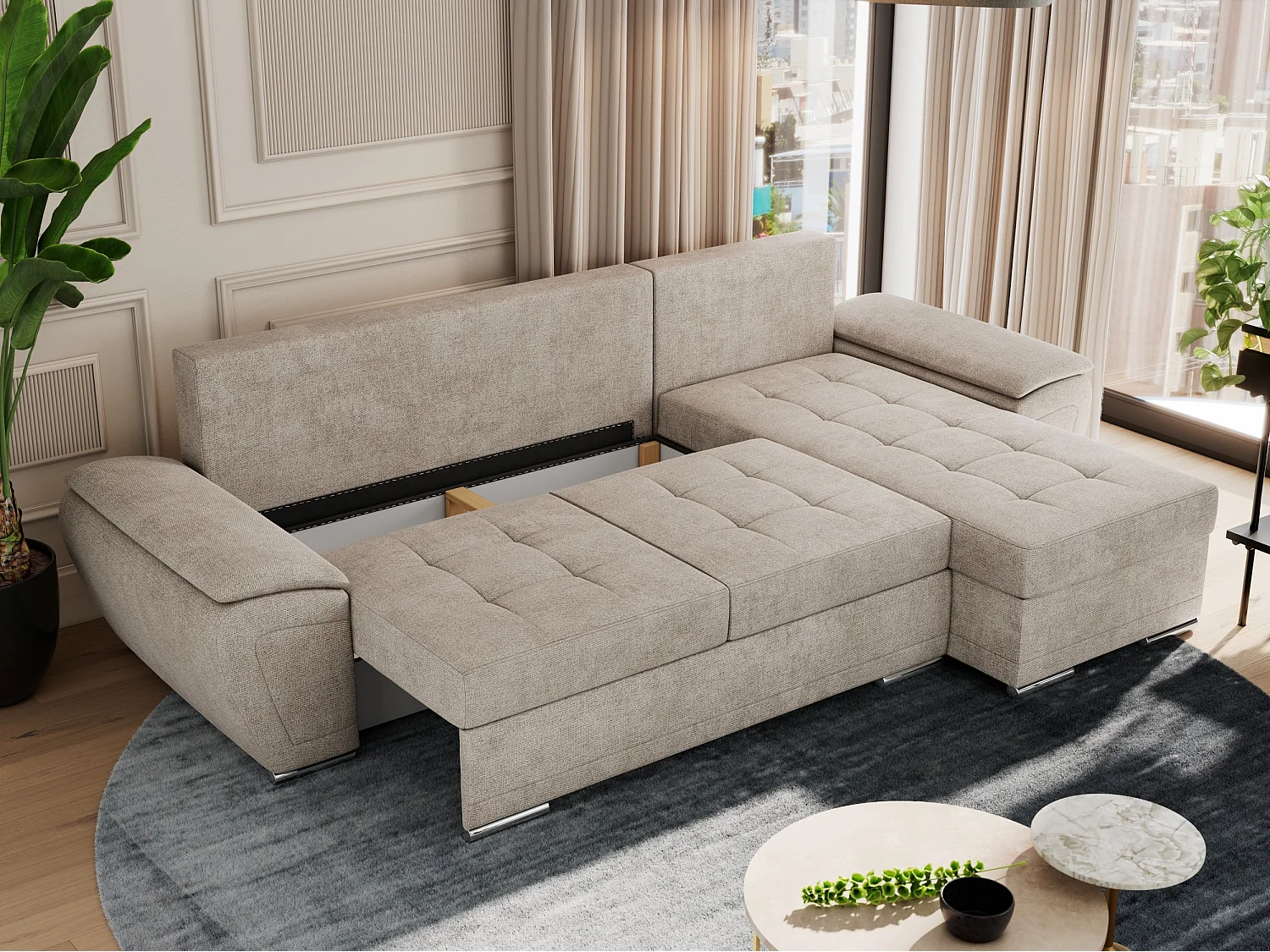 Ecksofa UMBRIA - universell L-form Couch, Schlaffunktion und Bettkasten, gesteppte Ecke - Beige Stukture