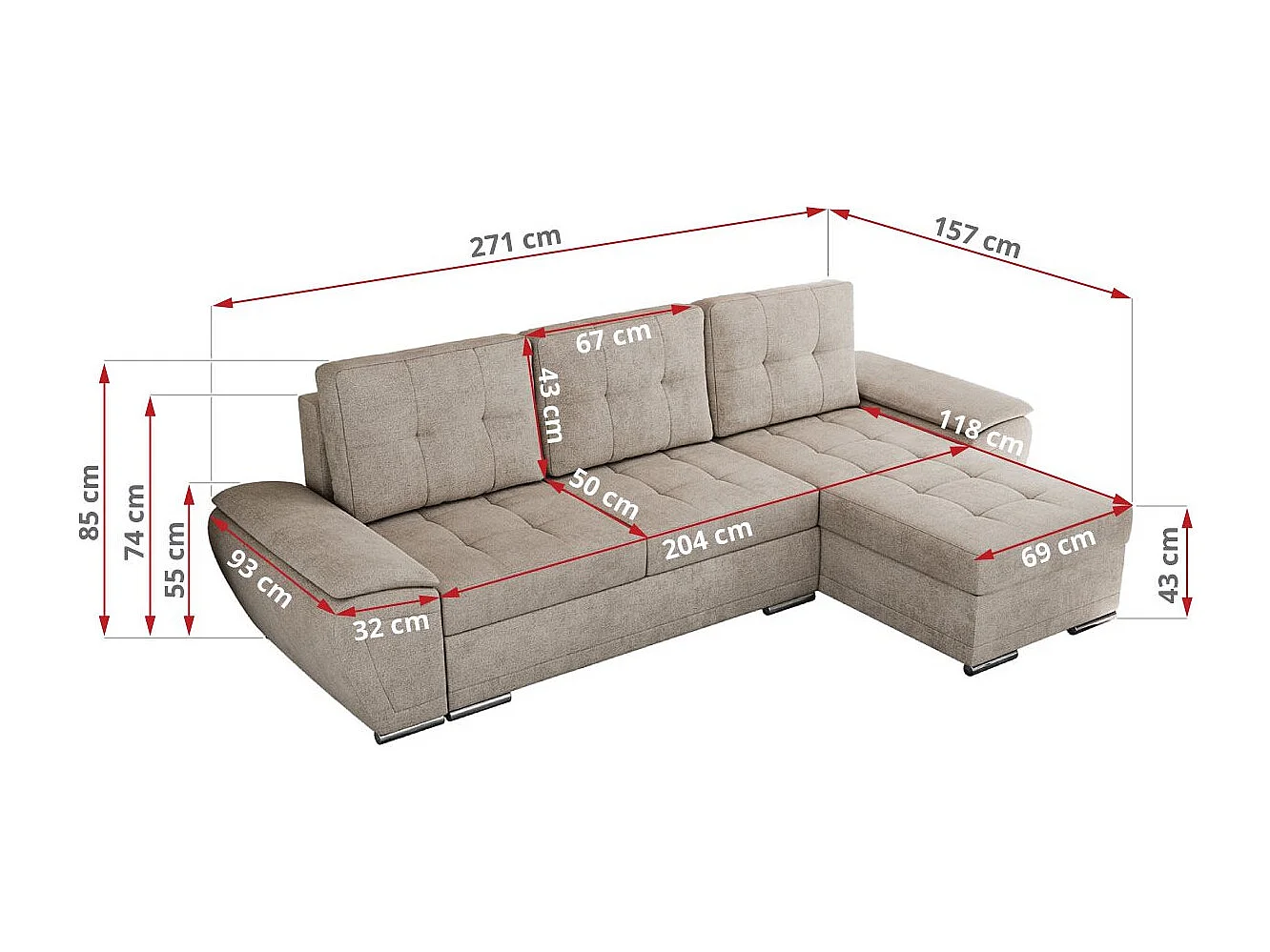 Ecksofa UMBRIA - universell L-form Couch, Schlaffunktion und Bettkasten, gesteppte Ecke - Beige Stukture