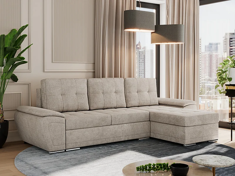 Ecksofa UMBRIA - universell L-form Couch, Schlaffunktion und Bettkasten, gesteppte Ecke - Beige Stukture