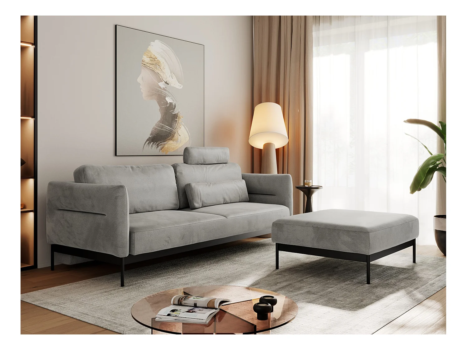 Ecksofa SALENTO - mit Metallbeine, Schlafsofa, mobilen Fußhocker, lose Kissen - Hellgrau Velvet