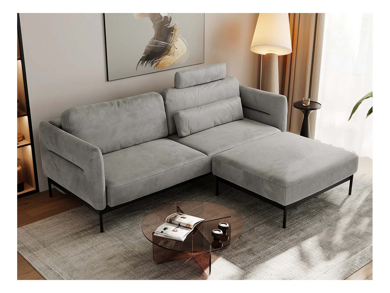 Ecksofa SALENTO - mit Metallbeine, Schlafsofa, mobilen Fußhocker, lose Kissen - Hellgrau Velvet