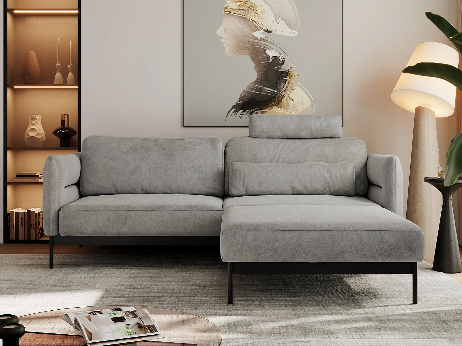 Ecksofa SALENTO - mit Metallbeine, Schlafsofa, mobilen Fußhocker, lose Kissen - Hellgrau Velvet