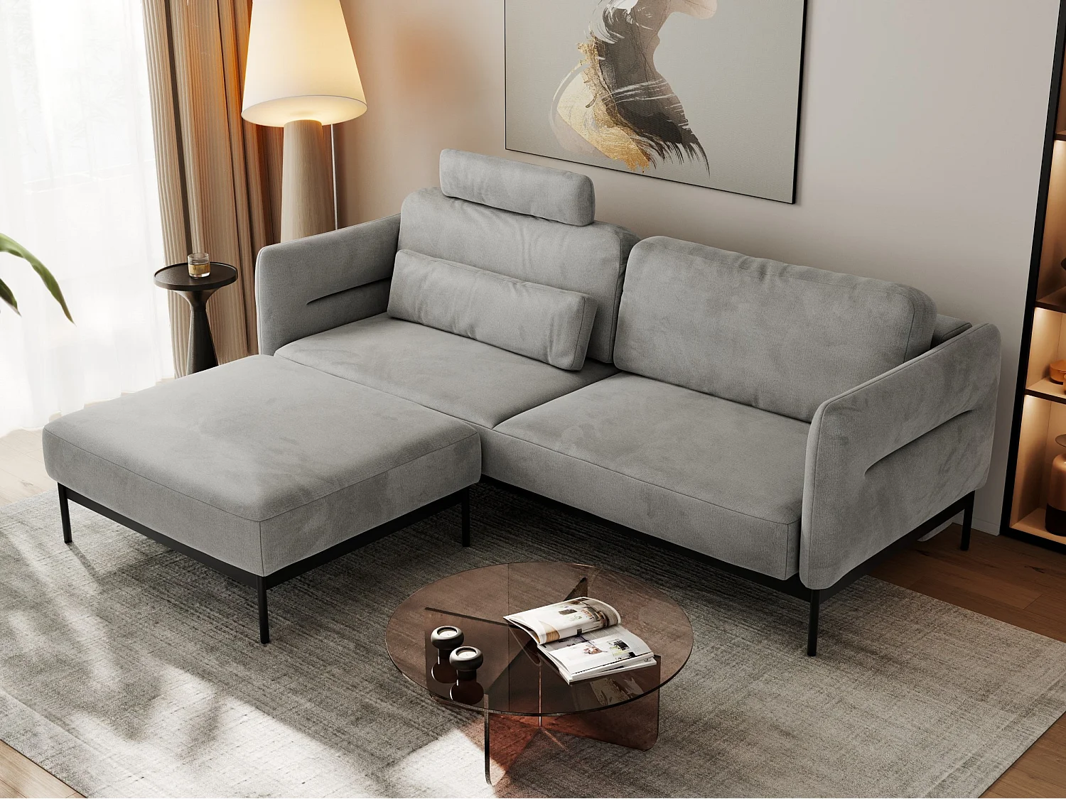 Ecksofa SALENTO - mit Metallbeine, Schlafsofa, mobilen Fußhocker, lose Kissen - Hellgrau Velvet