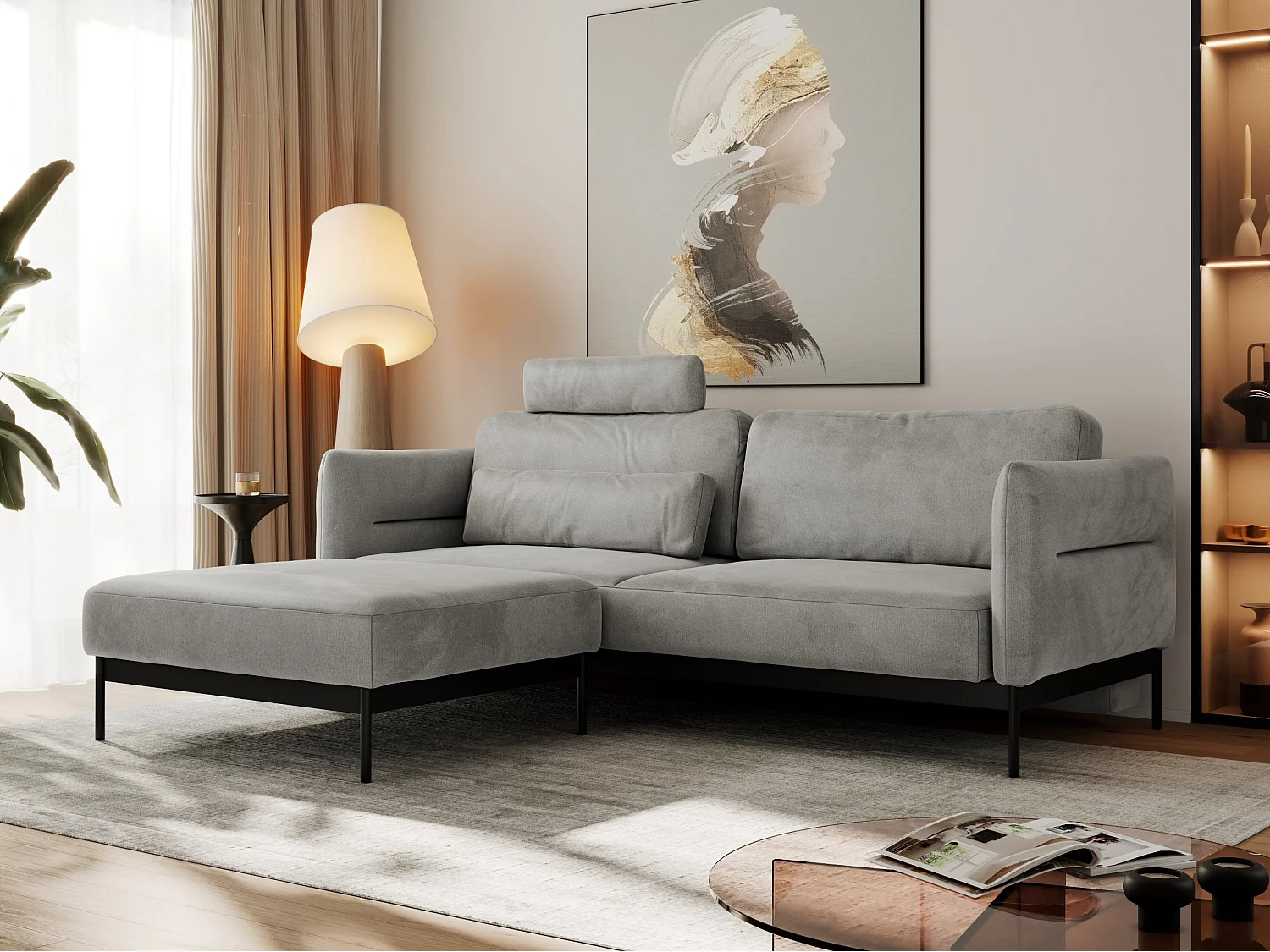 Ecksofa SALENTO - mit Metallbeine, Schlafsofa, mobilen Fußhocker, lose Kissen - Hellgrau Velvet