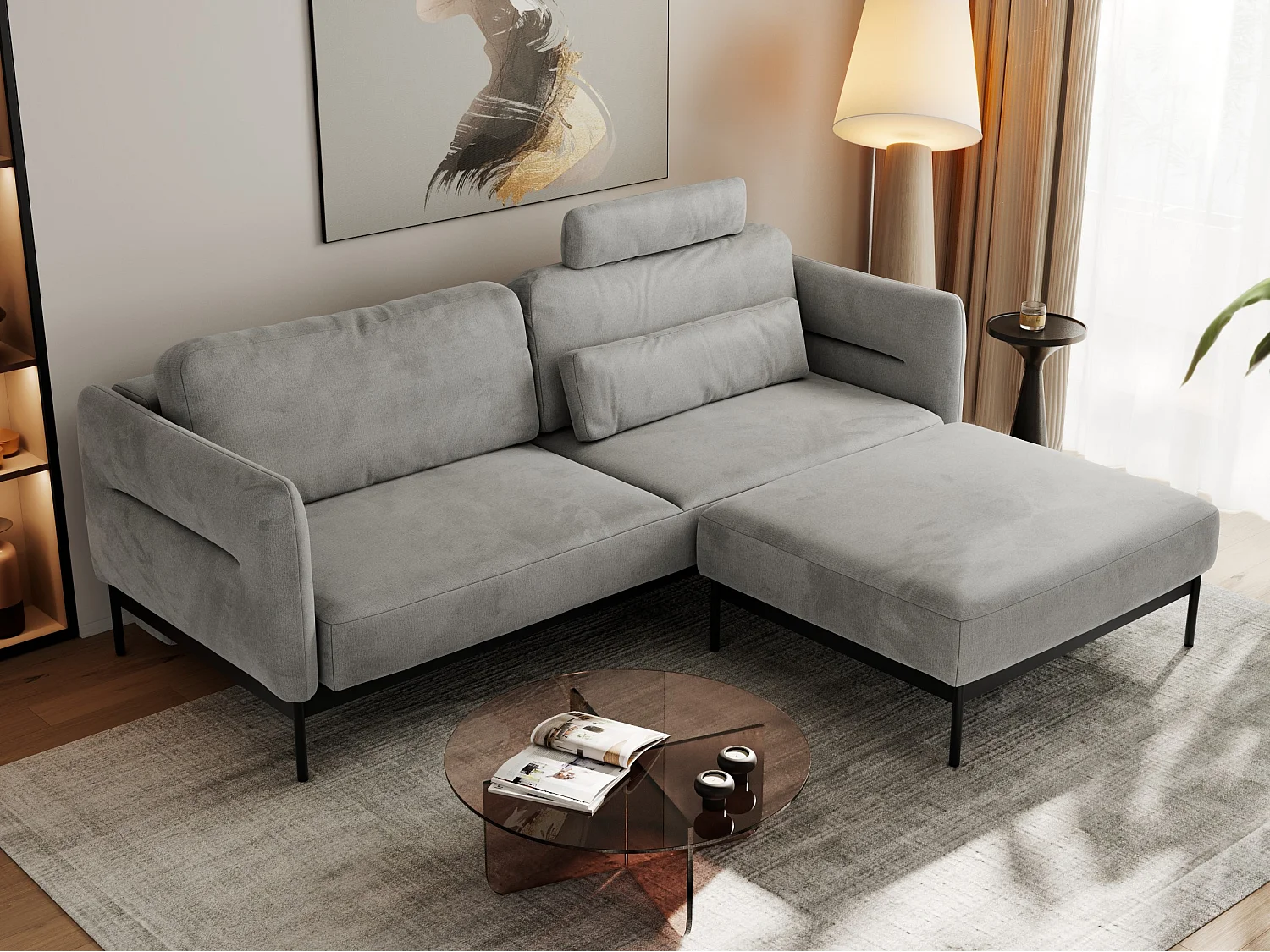 Ecksofa SALENTO - mit Metallbeine, Schlafsofa, mobilen Fußhocker, lose Kissen - Hellgrau Velvet