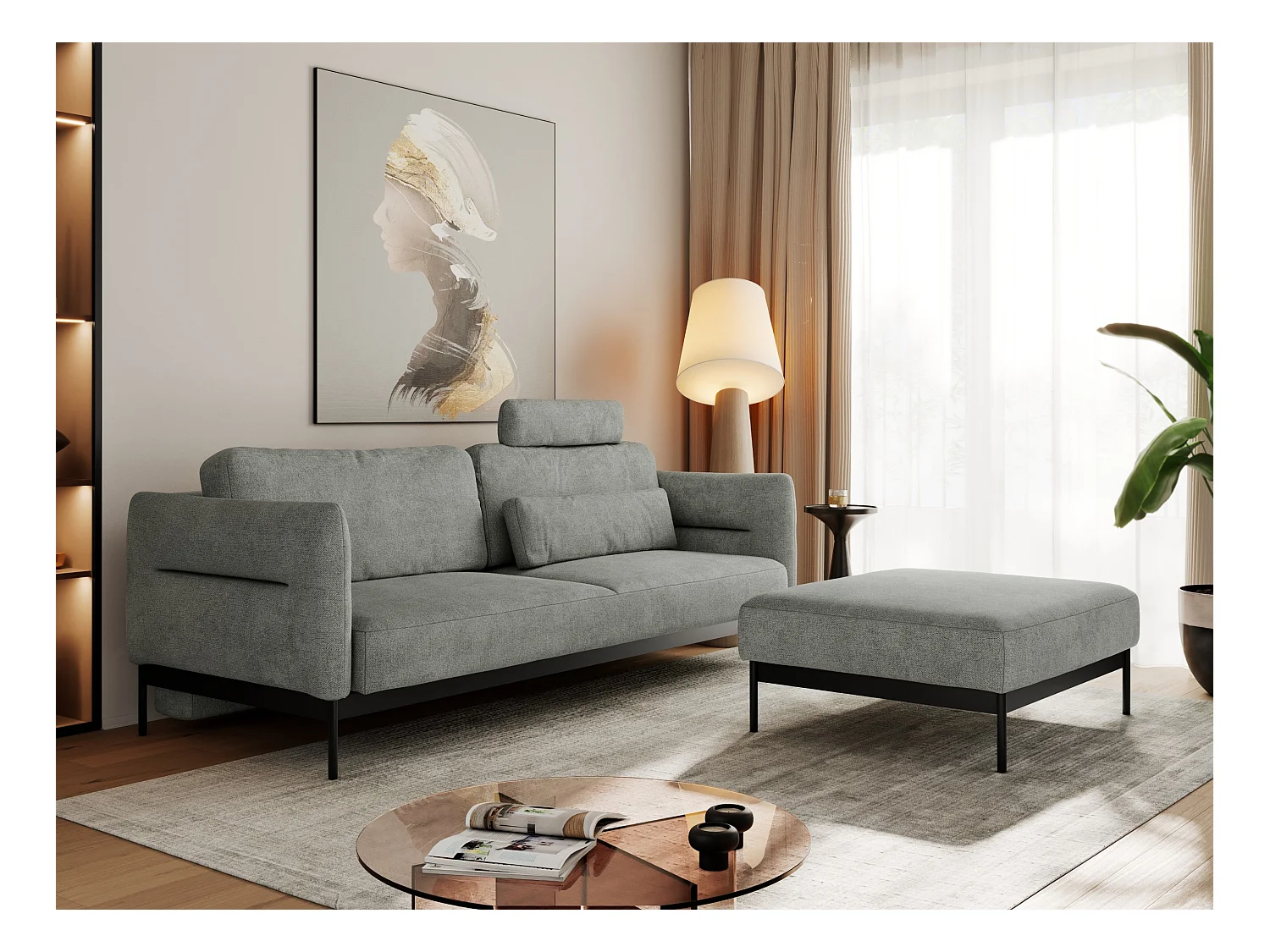 Ecksofa SALENTO - mit Metallbeine, Schlafsofa, mobilen Fußhocker, lose Kissen - Grau Struktur