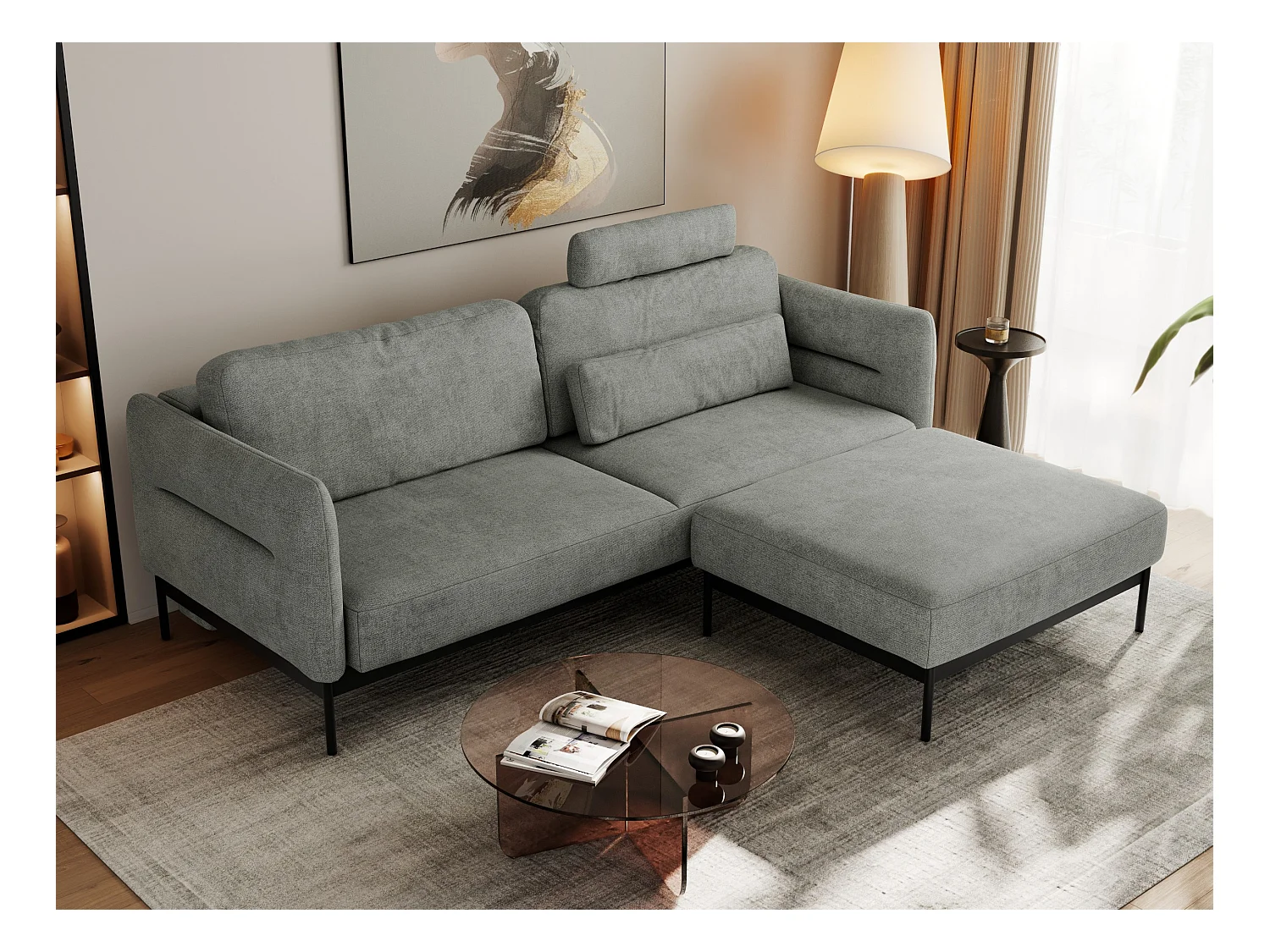 Ecksofa SALENTO - mit Metallbeine, Schlafsofa, mobilen Fußhocker, lose Kissen - Grau Struktur