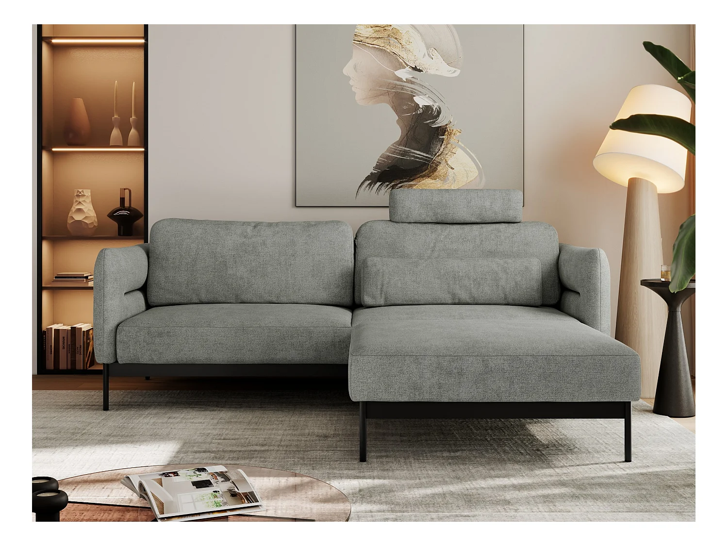Ecksofa SALENTO - mit Metallbeine, Schlafsofa, mobilen Fußhocker, lose Kissen - Grau Struktur