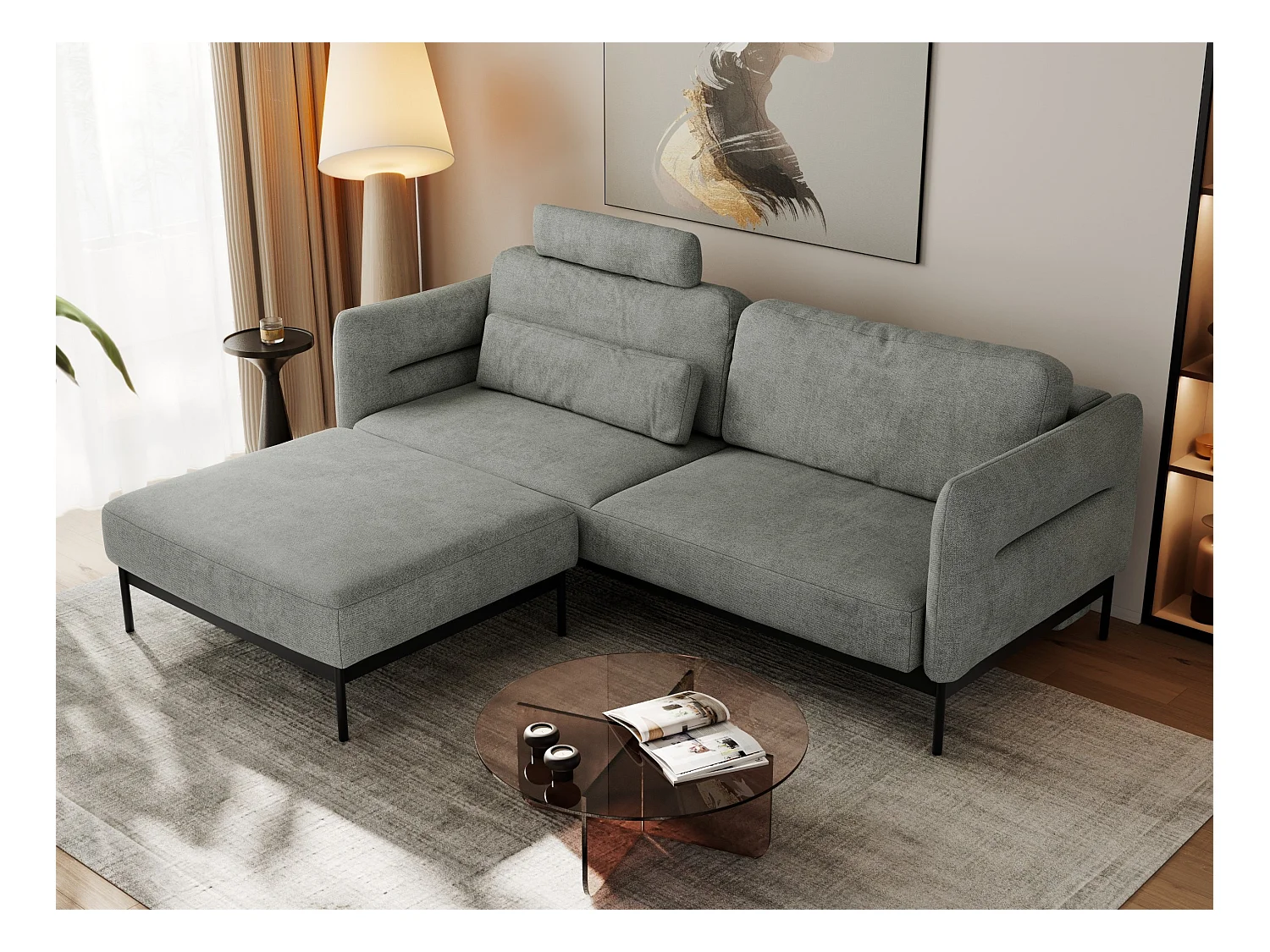 Ecksofa SALENTO - mit Metallbeine, Schlafsofa, mobilen Fußhocker, lose Kissen - Grau Struktur