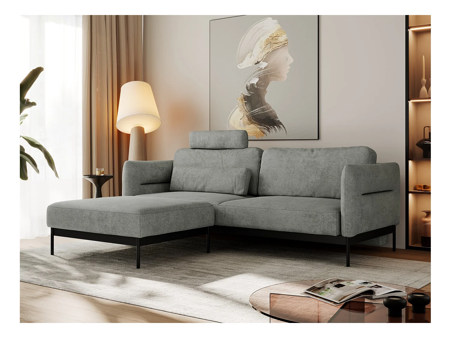 Ecksofa SALENTO - mit Metallbeine, Schlafsofa, mobilen Fußhocker, lose Kissen - Grau Struktur