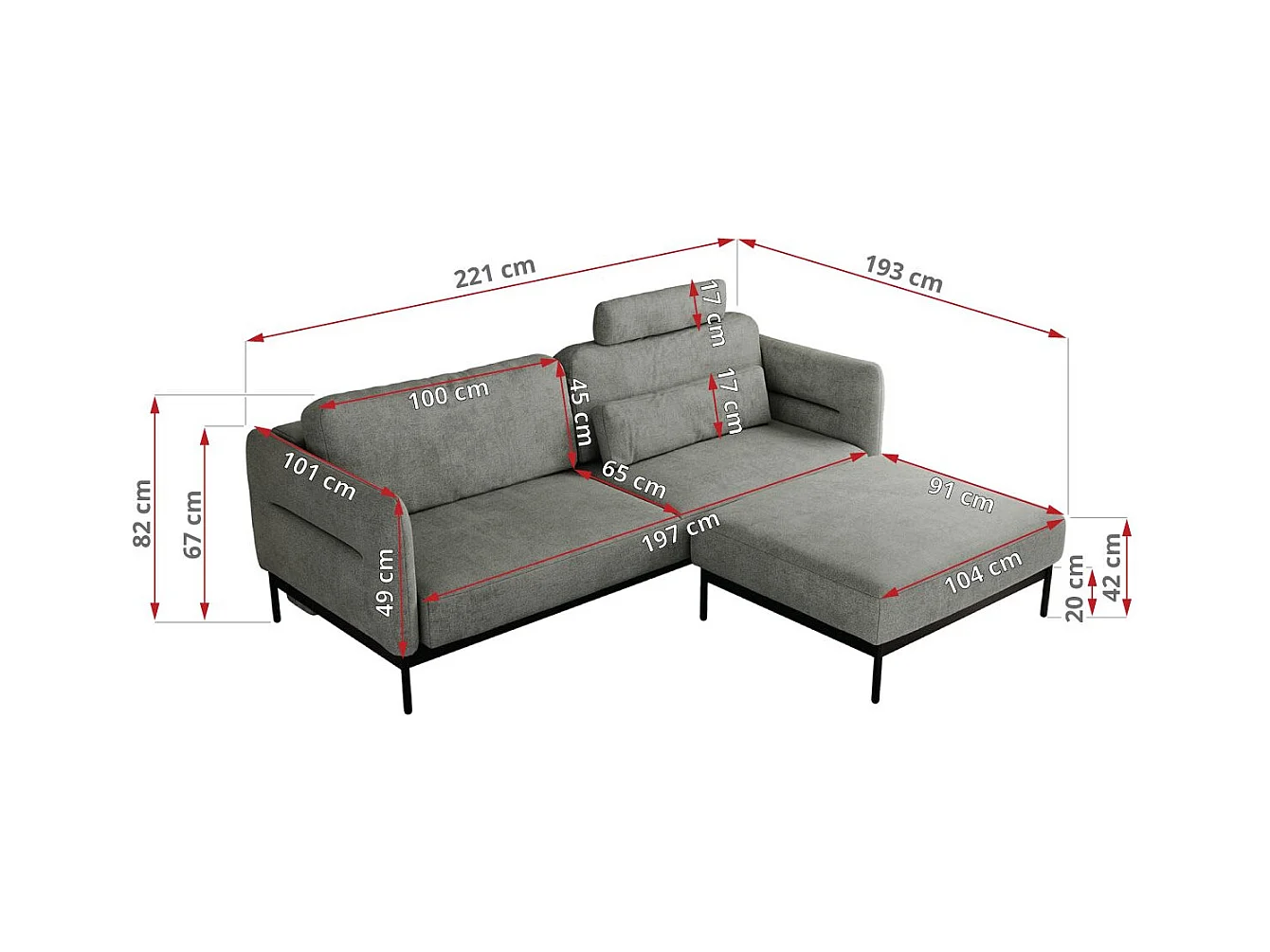 Ecksofa SALENTO - mit Metallbeine, Schlafsofa, mobilen Fußhocker, lose Kissen - Grau Struktur