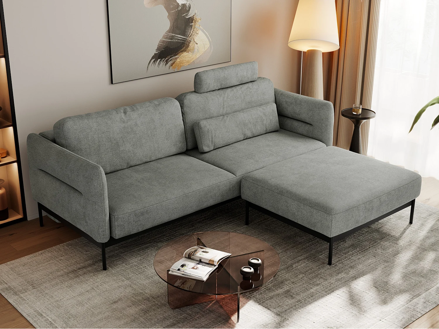 Ecksofa SALENTO - mit Metallbeine, Schlafsofa, mobilen Fußhocker, lose Kissen - Grau Struktur