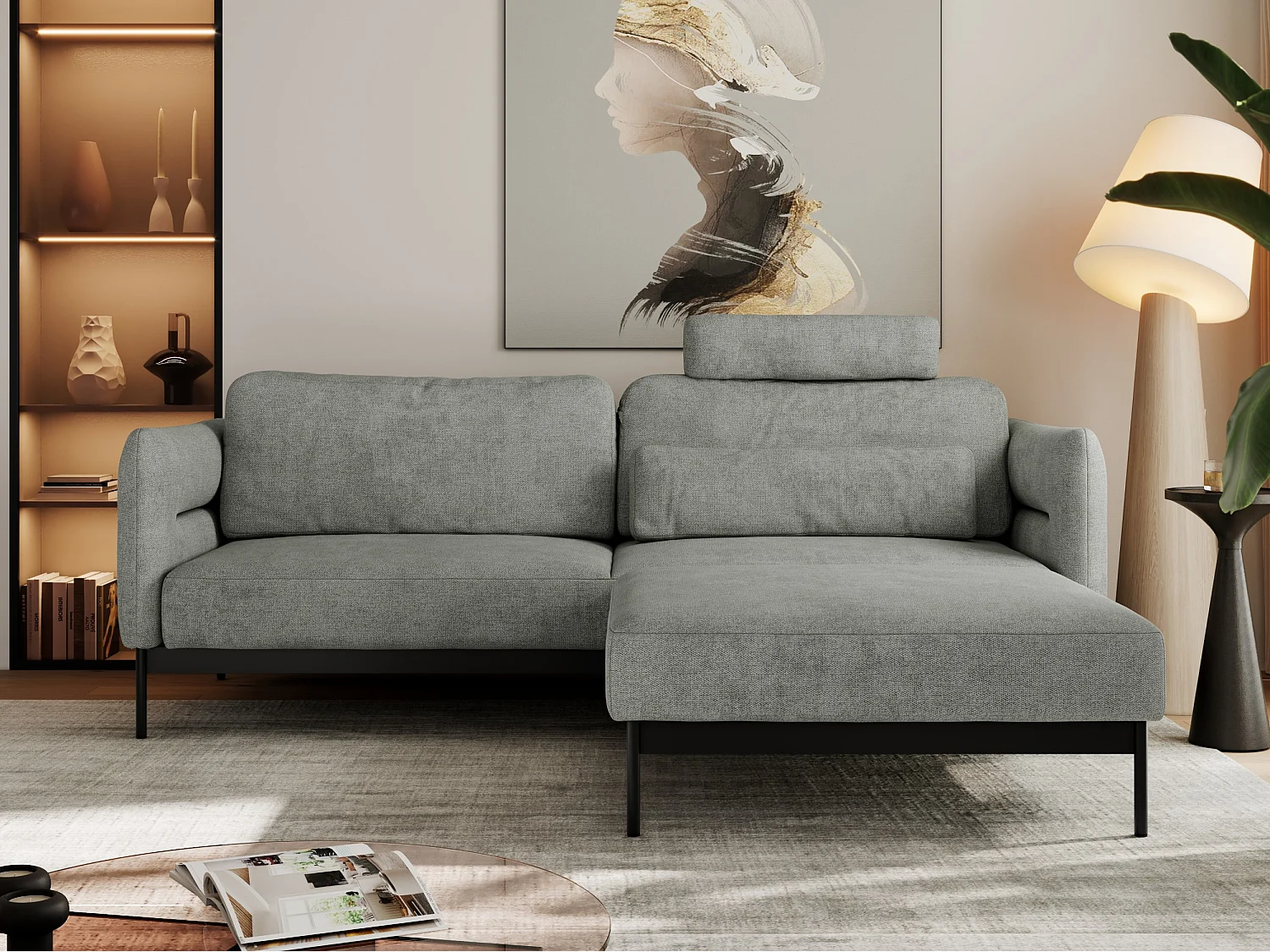 Ecksofa SALENTO - mit Metallbeine, Schlafsofa, mobilen Fußhocker, lose Kissen - Grau Struktur