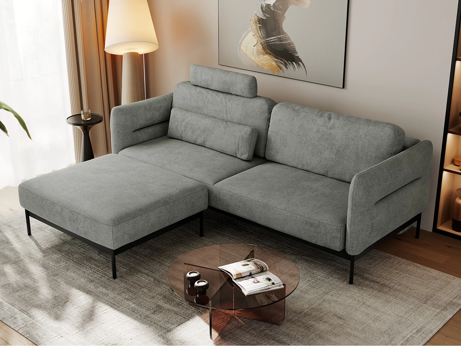 Ecksofa SALENTO - mit Metallbeine, Schlafsofa, mobilen Fußhocker, lose Kissen - Grau Struktur