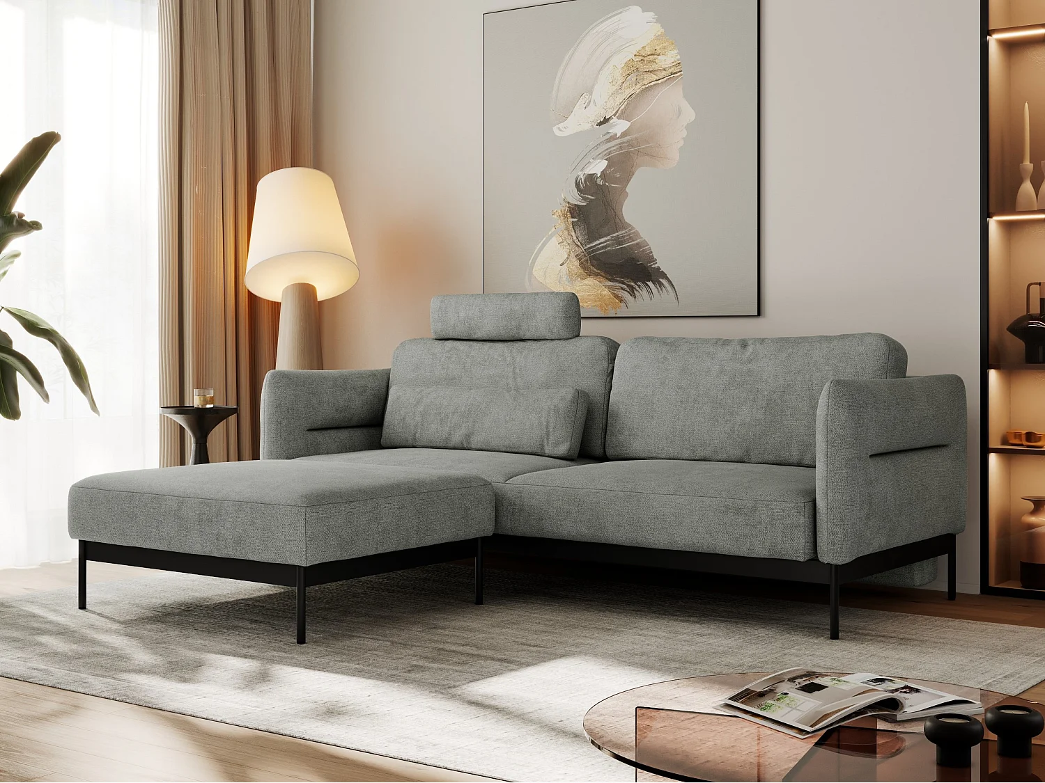 Ecksofa SALENTO - mit Metallbeine, Schlafsofa, mobilen Fußhocker, lose Kissen - Grau Struktur