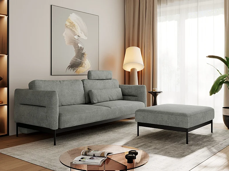 Ecksofa SALENTO - mit Metallbeine, Schlafsofa, mobilen Fußhocker, lose Kissen - Grau Struktur