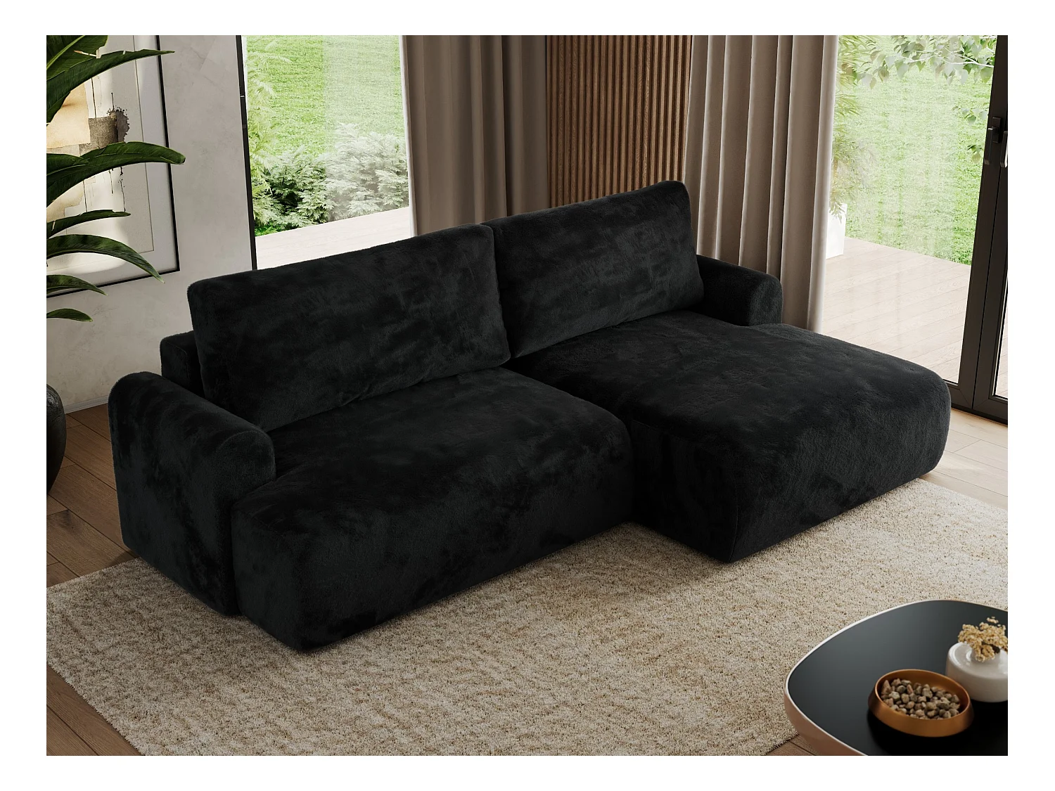 Ecksofa TONO - mit Schlaffunktion und Bettkasten, L-form Ecke, Armlehnen - Schwarz Plüsch - Ecke Rechts